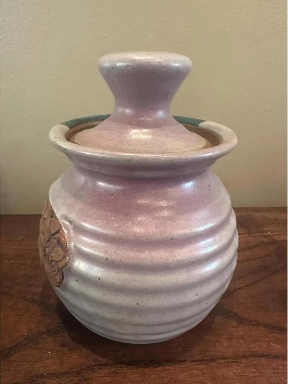 Handmade Teal & Lavender Stoneware Honey Pot with Bees with Honey Dipper